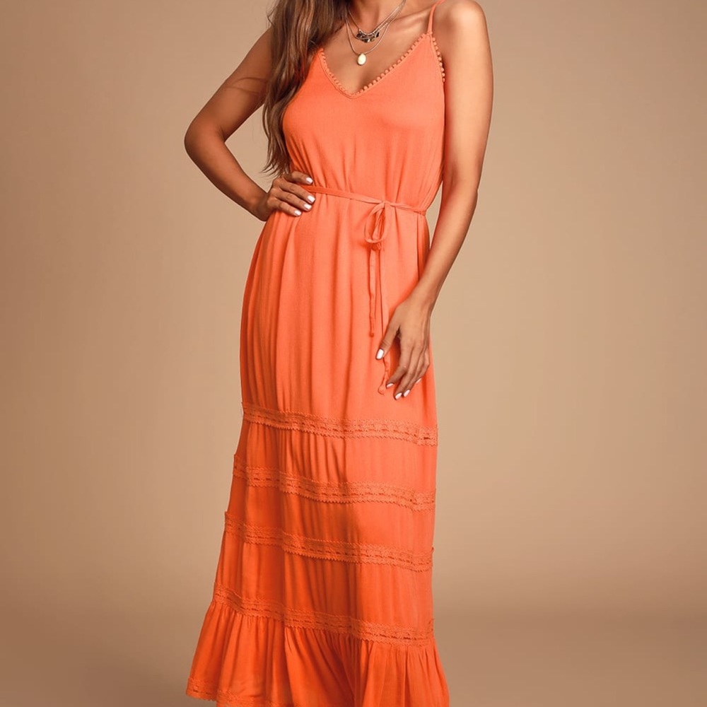 Lulu’s Coral Orange Lace Maxi Dress